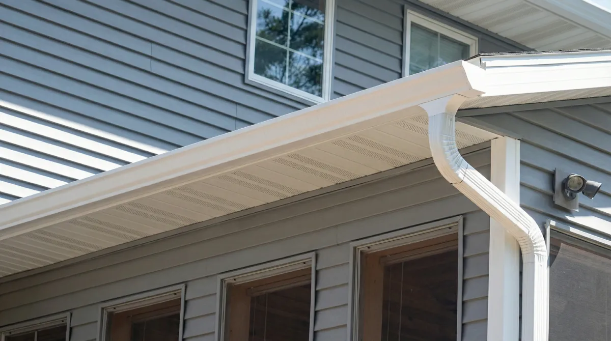 Professional home remodeling project showing newly installed white seamless gutters and downspouts on a house with gray siding in Omaha, NE