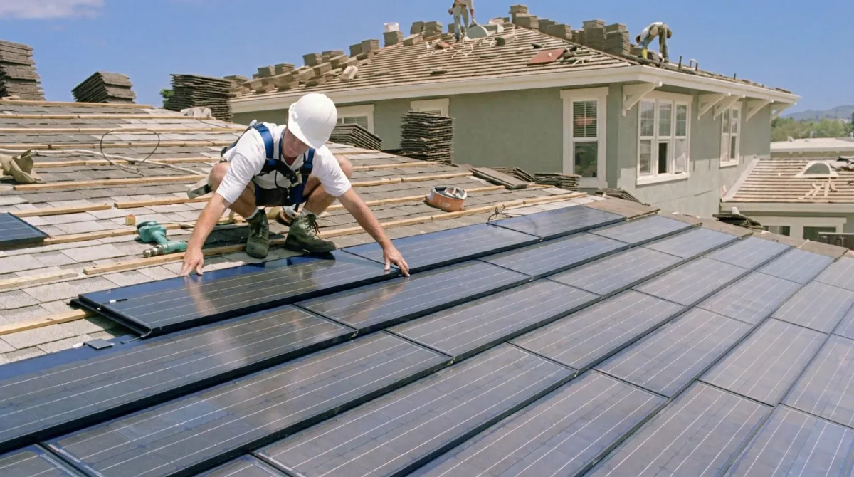 Roof replacement expert installing modern solar shingles on a residential home in Omaha, NE