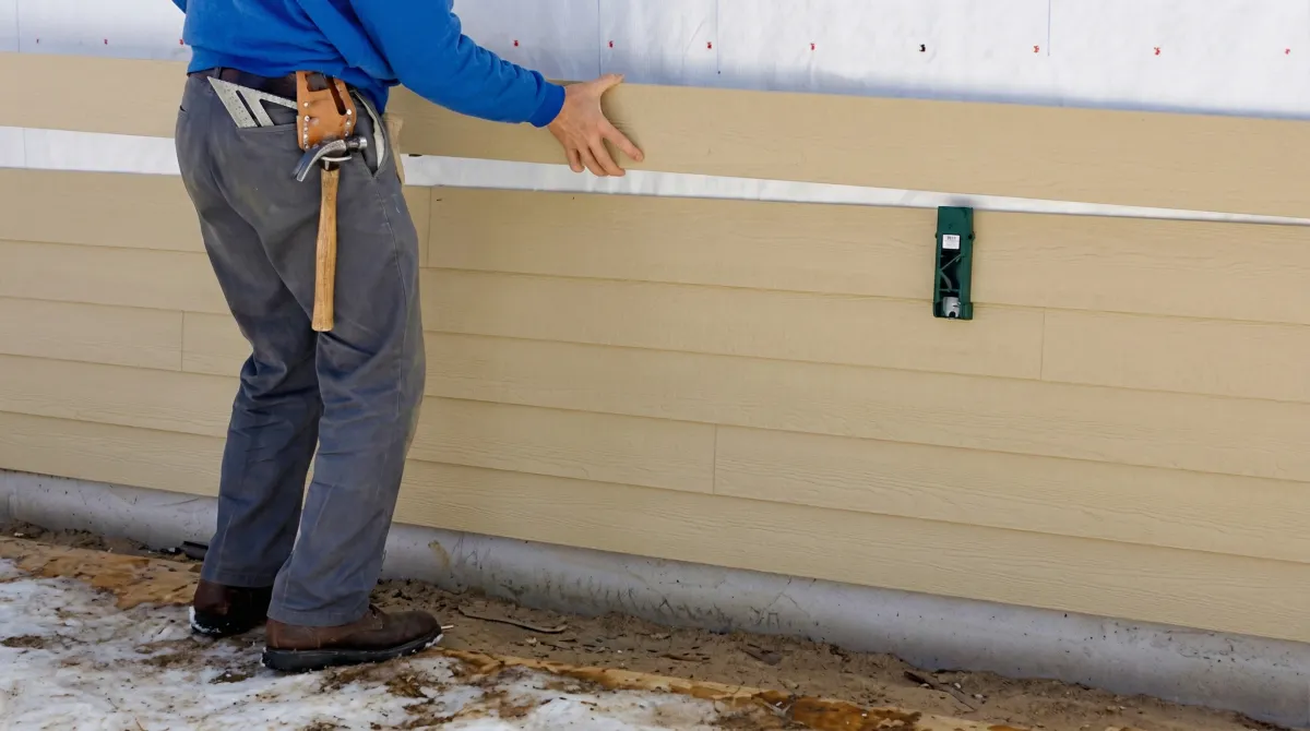 Siding replacement expert carefully aligning a new tan siding panel onto a residential exterior wall in Omaha, NE