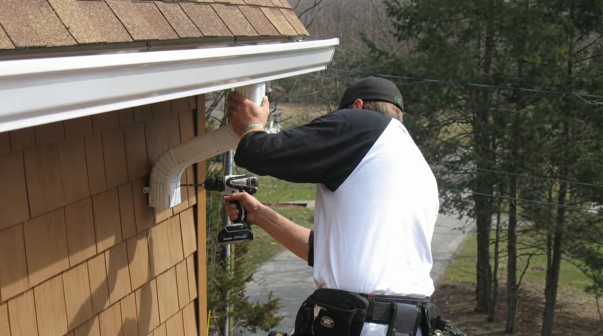 Professional contractor installing tan vinyl siding panels on a residential home exterior in Omaha, NE