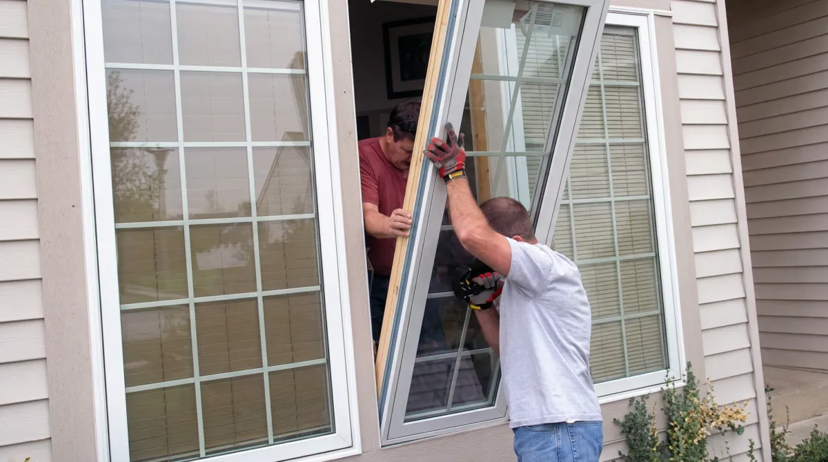 Professional home remodeling team installing a large replacement window on a house with tan siding in Omaha, NE